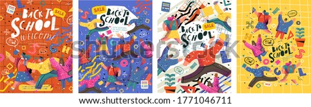 Back to school, college or university. Vector illustration of schoolchildren and students running to study and education for a poster, cover or banner. Drawing teenagers for the background
