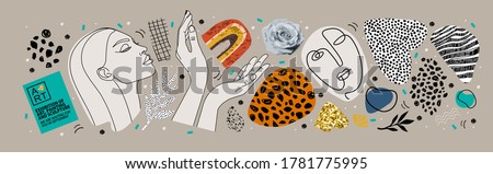 Abstract art objects for an art exhibition: music, literature or painting. Vector illustrations of shapes, portraits of people, hands, spots and textures for backgrounds