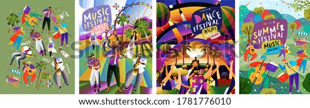 Musical summer dance festival. Vector illustration of musicians, dancers, disco, dancing people and dj in the street for poster, flyer or background.
 
