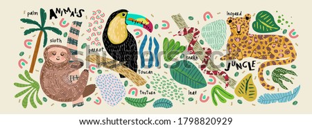 Abstract jungle! Vector illustrations of animals (sloth, snake, leopard, parrot toucan), leaves, spots, objects and textures. Hand-drawn art for poster, card or background
 
