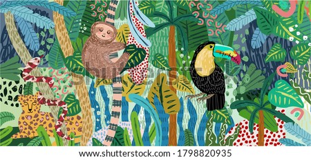 Abstract jungle background! Vector illustrations of animals (sloth, snake, leopard, parrot toucan), leaves, spots, objects and textures. Hand-drawn art for poster or card 
