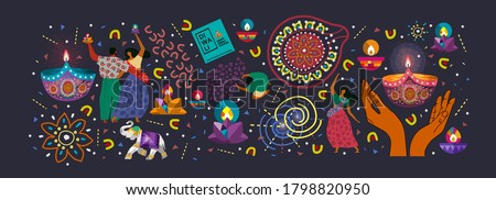 Happy Diwali. Indian festival of lights. Vector abstract flat illustration for the holiday, lights, hands,  Indian people, woman and other objects for background or poster.  

