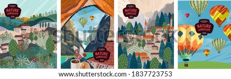 Nature landscape. Vector illustration of nature, mountains, villages, travel in a tent, architecture and balloons. Drawings for poster, postcard or background
 
