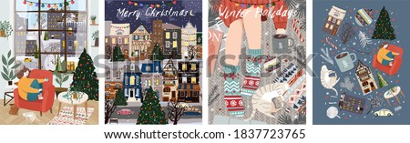 Merry Christmas and Happy New Year! Vector illustration of winter holidays: home living room interior with woman, night cityscape, cozy rug with pet cat and coffee. Drawings for postcard and poster
