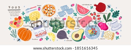 Food. Vector illustration: pumpkin, rosemary, apple, basket, teapot, pineapple, broccoli, lemon, avocado, plate, watermelon, beet, strawberry, pomegranate, beetroot, cup, pasta
 
