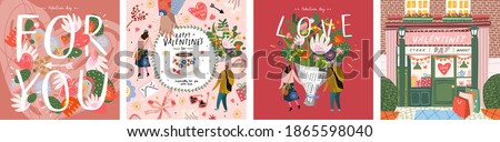 Valentine's Day! February 14. Vector cute illustrations of a man and a woman in love, a bouquet of flowers, a shop, a background with objects and "for you". Drawings for postcard and poster 