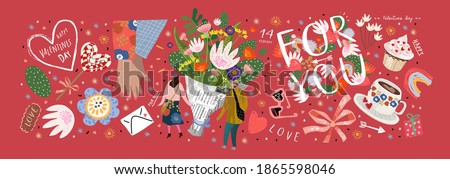 Valentine's Day! February 14. Vector cute illustrations of a man and a woman in love, a bouquet of flowers, a shop, a background with objects and "for you". Drawings for postcard and banner