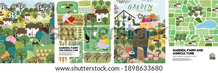 Garden, farm and agriculture. Vector illustration of gardener, garden beds, fields, maps, houses, nature, greenhouse and harvest. Drawings for poster, background or postcard
