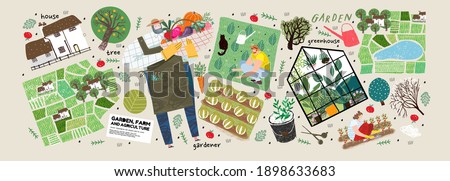 Garden, farm and agriculture. Vector illustration of gardener, garden beds, fields, maps, houses, nature, greenhouse and harvest. Drawings and objects for poster, background or postcard
