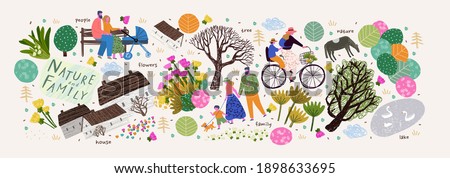 Nature, family and people. Vector illustration of a house, lake, village, tree and flowers. Drawings and objects for poster, background or pattern