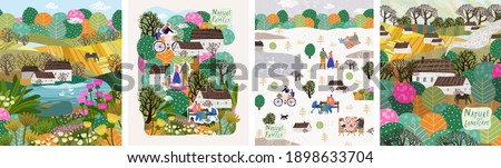 Nature, landscape, family and people. Vector illustration of a house, lake, field, view, village, tree and flowers. Drawings for poster, background or pattern