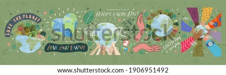Happy Earth Day! Vector eco illustrations for social poster, banner or card on the theme of saving the planet, human hands protect our earth. Make an everyday earth day Foto stock © 