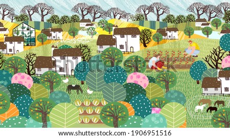 Garden, farm, nature and countryside. Vector illustration of a landscape with houses, trees, agriculture, livestock and grass. Drawing for banner, postcard or background