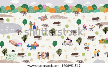 People in the park. Vector illustration of people having a rest on a picnic in nature. Drawing by hand active family weekend in the forest by the lake with a barbecue,  walks.Top view