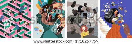 Psychology, destiny, anxiety, stress. Vector psychedelic illustrations of human emotions, reflections and dreams. Loneliness and depression themes for poster and background