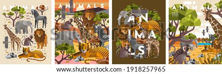 Animals. Vector flat illustrations of giraffe, elephant, monkey, tiger, lion, zebra, eagle, tree, savanna. African flora and fauna drawings for poster or background
