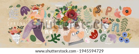 Flowers, woman, bouquet and spring. Vector watercolor summer illustrations of leaves, plants, objects, petals and buds.