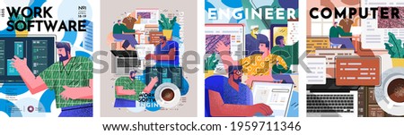 Engineer, software and programming. Vector illustration of working people at the computer in the office, monitors with programs and software developers. Drawings for poster, cover or background