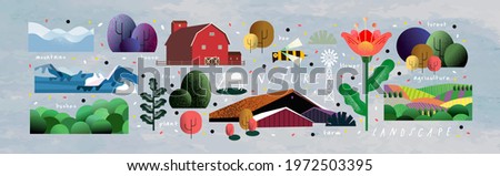 Nature and landscape. Vector illustration of trees, forest, mountains, flowers, plants, houses, fields, farms and villages. Picture for background, card or cover