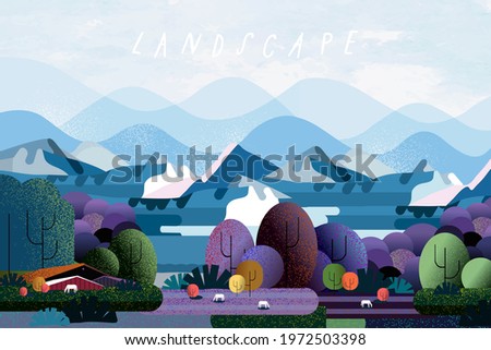 Nature and landscape. Vector illustration of trees, forest, mountains, flowers, plant, field, farm and village. Picture for background, card or cover