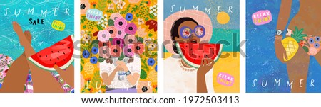 Summer! Vector illustration of sunny cards, tanned woman with watermelon and pineapple by the sea and pool and a bouquet of flowers in her hands. Drawings for background, card and cover