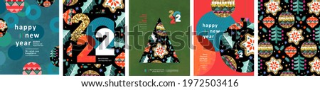 2022. Happy New Year and Merry Christmas! Vector abstract illustrations of Christmas tree, pattern, Christmas ball toy, number 2022 for poster, postcard or card