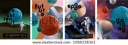 Space, astronaut and galaxy. Vector abstract illustrations of planets, mars, sky and geometric shapes. Drawings for poster, background and banner