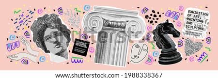 Art objects for exhibition of painting, sculpture and music. Vector illustration of abstract background, roman column, greek sculpture, chess horse pattern for magazine or cover	
