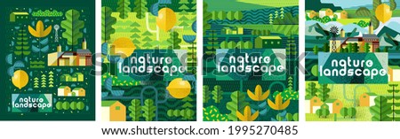 Nature and landscape. Vector art abstract illustration of village, trees, bushes, lemon, flowers, houses for poster, background or cover. Agriculture and garden