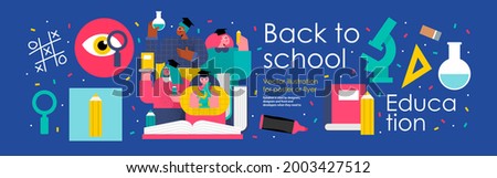 back to school and education. Vector illustration of schoolchildren and students in college and university with books, pencils, microscope and school objects. Drawings for poster, background or flyer