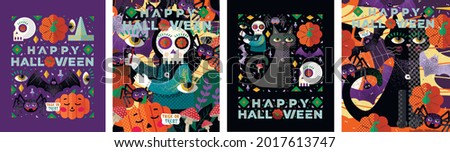 Happy Halloween! Trick or treat. Vector cheerful abstract illustration of Halloween characters, skull, black cat, spider, bat, pumpkin, eyes. Drawings for postcard, background and cover