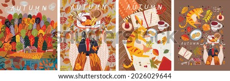 Autumn. Vector illustration of a cozy table with a cat, autumn forest and trees and a woman on a bicycle with leaves. Drawings for poster, card or background