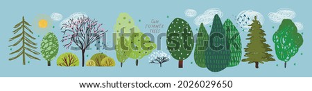 cute summer trees, vector isolated illustration of trees, leaves, fir trees, shrubs, sun, snow and clouds, elements of nature to create a landscape