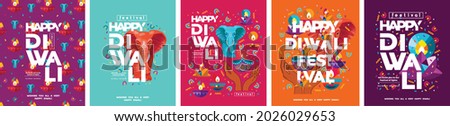 Happy Diwali. Indian festival of lights. Vector abstract flat illustration for the holiday, lights, elephant and other objects for background or poster.
