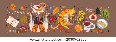 Autumn. Vector illustration of objects: cat, autumn  trees, leaf, coffee, cookies, candle, pumpkin  and a woman on a bicycle. Drawings for poster, card or background