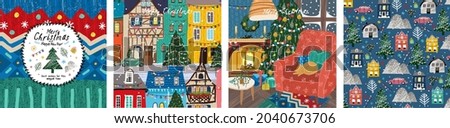 New Year's and Christmas! Vector illustrations of a Christmas tree, city, houses, streets, pattern and a cozy festive living room for a postcard, congratulation, background or poster.
