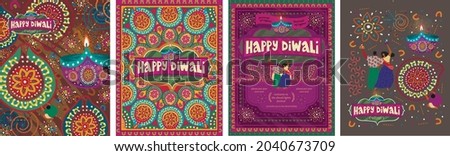 happy diwali. Indian holiday and festival of lights. Vector illustration of pattern, background, objects, ornament, dancing people for poster, postcard or flyer