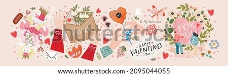 Valentine's day, February 14. Vector illustrations of love, couple, heart, valentine, king, queen, hands, flowers. Drawings for postcard, card, congratulations and poster. Photo stock © 