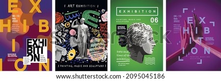 Art posters for the exhibition of classical and contemporary painting, sculpture and music. Hand illustrations, plaster bust, statues and abstract shapes, spots and lines. Drawings for poster.