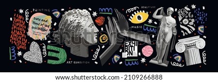 Art objects for the exhibition of classical and contemporary painting, sculpture and music. Hand illustrations, plaster bust, statues and abstract shapes, spots and lines. Drawings for poster. Stockfoto © 