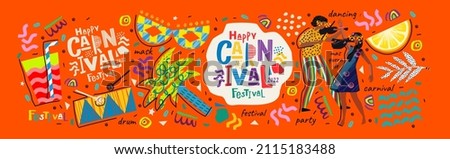 Carnival and festival. Vector illustration of musical and dance celebration, masquerade, party, people, palm and mask. Drawing for poster, background and card