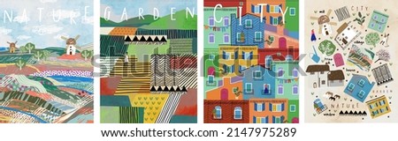 Nature, garden and city. Vector cute illustrations of landscape, houses, tree, field, bed, windmill and objects for poster, background or pattern