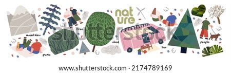 Nature and people walking in the park at a picnic. Vector illustrations of trees, bush, fir tree, mountain, bushes, picnic van and people