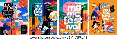 Music festival.Vector illustrations of musicians, people and musical instruments: drums, cello, synthesizer, tape recorder for poster, flyer or background Сток-фото © 