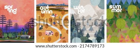 nature. 4 seasons: spring, summer, winter, autumn. Vector illustrations of trees, evening sunset in the village, forest and park with people for poster, card or background