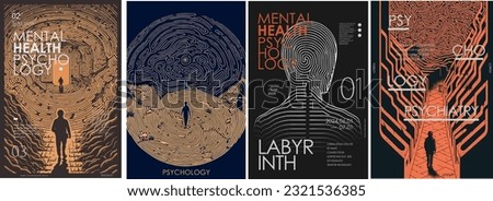 Psychology, psychiatry and mental health. Vector philosophic line illustration of man, searching for the meaning of life, labyrinth, fingerprint and life path for poster, magazine cover and background Foto d'archivio © 
