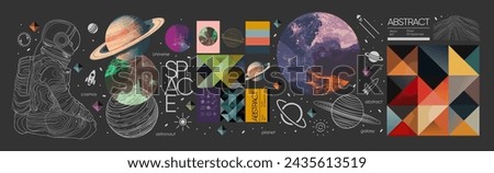 Abstract art space objects. Vector modern trendy illustrations of planets, line art, universe, galaxy, seamless geometric pattern for poster, brochure or background