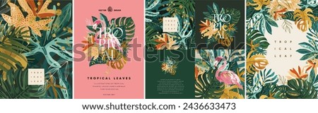 Tropical leaves, plants and flamingo. Vector modern floral illustrations of tropic, palm leaf, monstera, fern, frame, logo, pattern with gold glitter for greeting card, background, label or poster