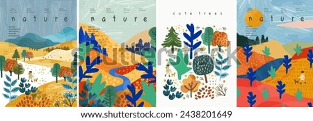 Nature and landscape. Vector cute modern abstract trendy gouache illustrations of trees, park, field, river, forest, hills, sky, clearing, bush for poster, background or card
