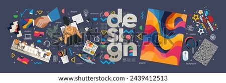 Design, creativity and business. Vector modern abstract  geometric illustration of advertising agency, graphic design at computer at work, handshake, creative office for poster, flyer or background